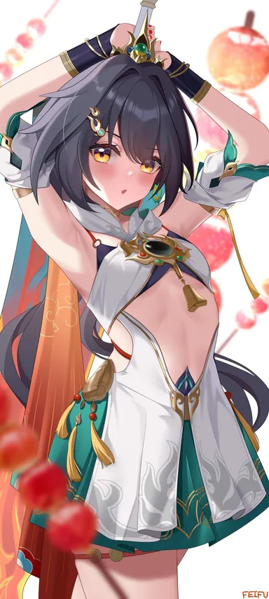 feifu, honkai: star rail, yunli (honkai: star rail), 1girls, armpits, arms up, blush, midriff, small breasts