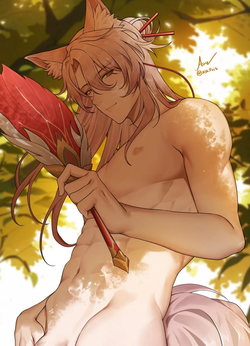 asaifrit, honkai: star rail, jiaoqiu (honkai: star rail), 1boy, abs, fan, gay, long hair, outside, penis, pink hair, tail, tree, visible penis, yaoi