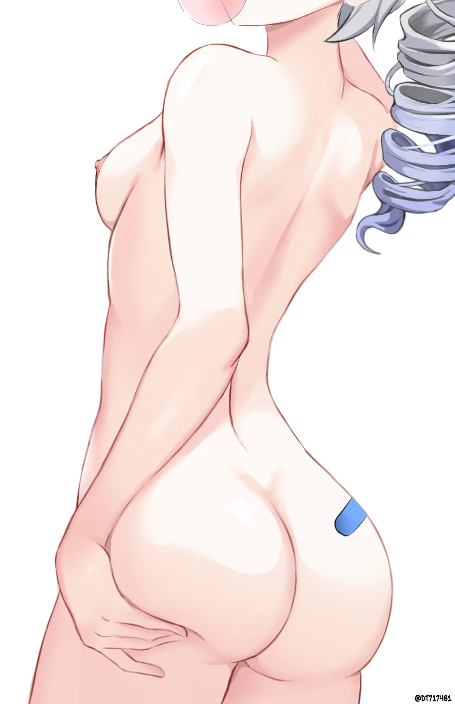 honkai (series), honkai: star rail, silver wolf (honkai: star rail), ass, ass focus, ass grab, breasts, chewing gum, completely nude, drill hair, female, from behind, grabbing own ass, grey hair, haru (dt717461), nipples, nude, ponytail, small breasts, solo, white background, highres, twitter username