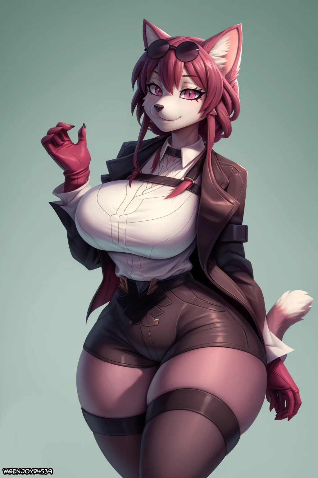 wgenjoyr4539, honkai (series), kafka (honkai: star rail), 1girls, alternate species, anthro, anthrofied, big breasts, cat ears, cat girl, cat humanoid, cat tail, clothing, collared shirt, feline, feline humanoid, female, female only, fur, furry, glasses on head, gloves, green background, jacket, large breasts, long hair, looking at viewer, purple eyes, purple fur, purple hair, simple background, slit pupils, solo, standing, thick, thick thighs, thighhighs, thighs, white fur, ai generated, edit, edited, stable diffusion