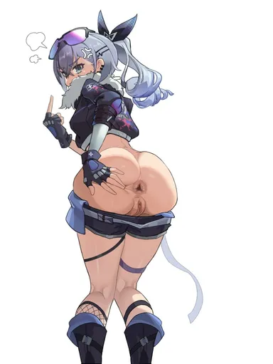 space giant, tflsi, honkai (series), honkai: star rail, silver wolf (honkai: star rail), =3, anger vein, angry, anus, ass, black footwear, black gloves, black jacket, black shorts, boots, clothes pull, cropped jacket, female, fingerless gloves, fishnet socks, fishnets, from behind, fur trim, fur-trimmed jacket, gloves, goggles, goggles on head, grey eyes, grey hair, hair between eyes, jacket, long hair, looking at viewer, looking back, middle finger, ponytail, pussy, shorts, shorts pull, simple background, socks, solo, spread anus, standing, standing on one leg, thigh strap, white background, highres, second-party source, uncensored