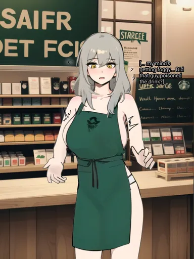 starbucks, stelle (honkai: star rail), apron, apron only, breast expansion, breast squeeze, golden eyes, grey hair, huge breasts, lactation, naked apron, sideboob, ai generated background, iced latte with breast milk