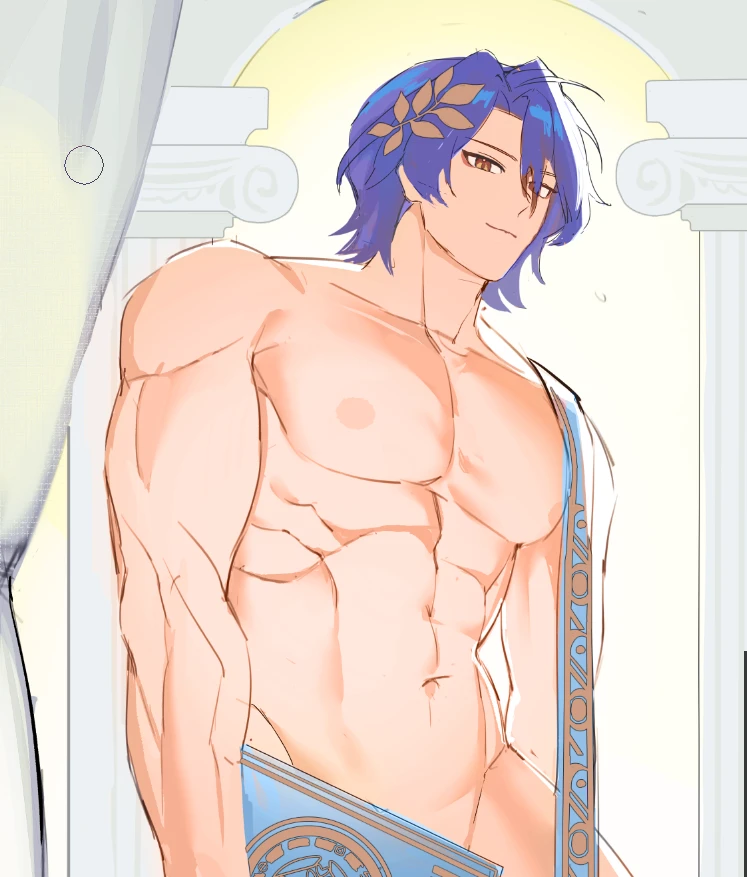 honkai: star rail, dr. ratio (honkai: star rail), abs, arms, chest, completely nude, male, male chest, male focus, male only, muscles, muscular, muscular male, nipples, pecs, pectorals, purple hair, smile, solo, solo focus, solo male, no visible genitalia