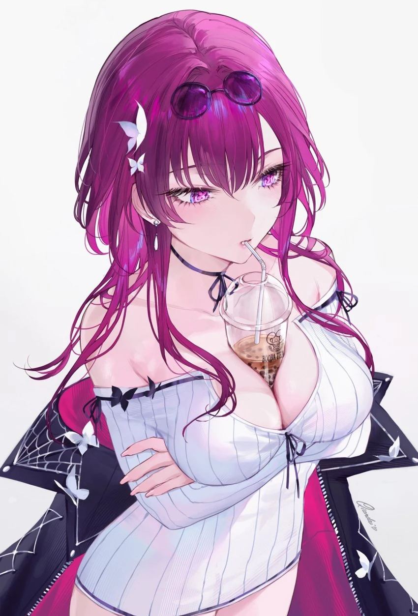 qiandaiyiyu, honkai (series), honkai: star rail, kafka (honkai: star rail), 1girls, boba tea, boba tea challenge, coat, female, female focus, female only, glasses, glasses on head, light skin, light-skinned female, long hair, looking away, medium breasts, object between breasts, object insertion, purple eyes, purple hair, shoulderless shirt, tagme