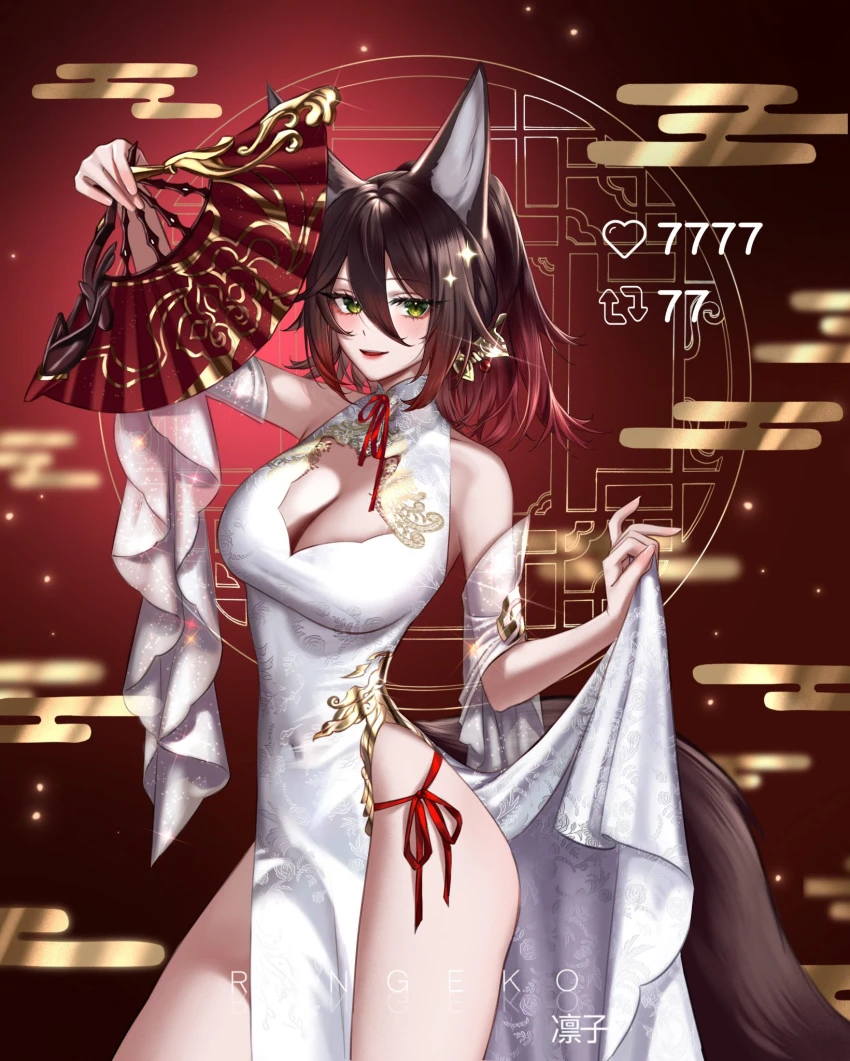 ringeko chan, honkai (series), honkai: star rail, tingyun (honkai: star rail), brown hair, cocktail dress, fox, fox ears, fox girl, fox tail, red panties, red underwear, white clothes, white clothing