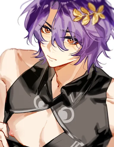 honkai (series), honkai: star rail, dr. ratio (honkai: star rail), male nipples, male only, nipples, pecs, purple hair, red eyes, showing nipple, showing off