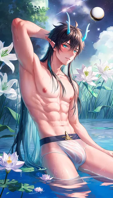 honkai: star rail, dan heng, dan heng (imbibitor lunae), 1boy, abs, armpits, bulge, flower, gay, glowing hair, horns, sweat, transparent clothing, water, wet, wet clothing, white underwear