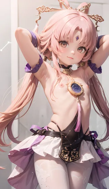 cortezian generations, honkai (series), honkai: star rail, patreon, fu xuan (honkai: star rail), 1girls, armpits, bare breasts, bare shoulders, blush, dress, female, flat chest, forehead jewel, gloves, gold eyes, hair ornament, hairbow, leash, long hair, low twintails, nipples, petite, pink hair, small breasts, smile, solo, stockings, tassel, thick thighs, thighs, twintails, ai generated, hi res