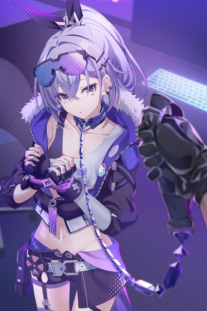 artist request, honkai (series), honkai: star rail, silver wolf (honkai: star rail), 1girls, arrest, arrested, belt, black gloves, bondage, bound, bound wrists, captured, captured girl, chained cuffs, chained wrists, chains, collar, collarbone, cuff (restraint), cuffs, dice gt, eyewear, eyewear on head, female, fingerless gloves, gloves, grey eyes, grey hair, handcuffed, handcuffs, head tilt, holding, holding leash, jacket, leash, long hair, long sleeves, midriff, open clothes, open jacket, ponytail, pov, shackled, shackled wrists, shackles, short shorts, shorts, sunglasses, tank top, absurd res, highres