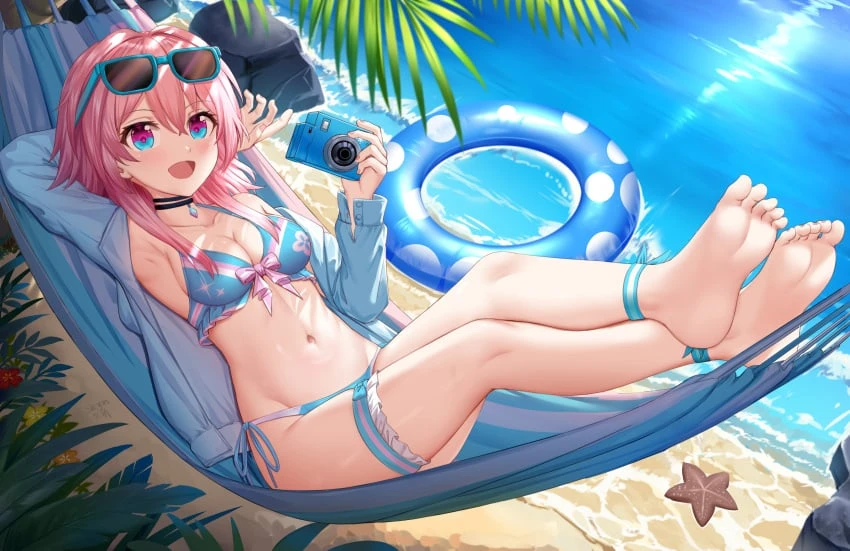 honkai: star rail, march 7th (honkai: star rail), armpits, arms up, beach, bikini, bikini bottom, bikini top, feet, pink hair