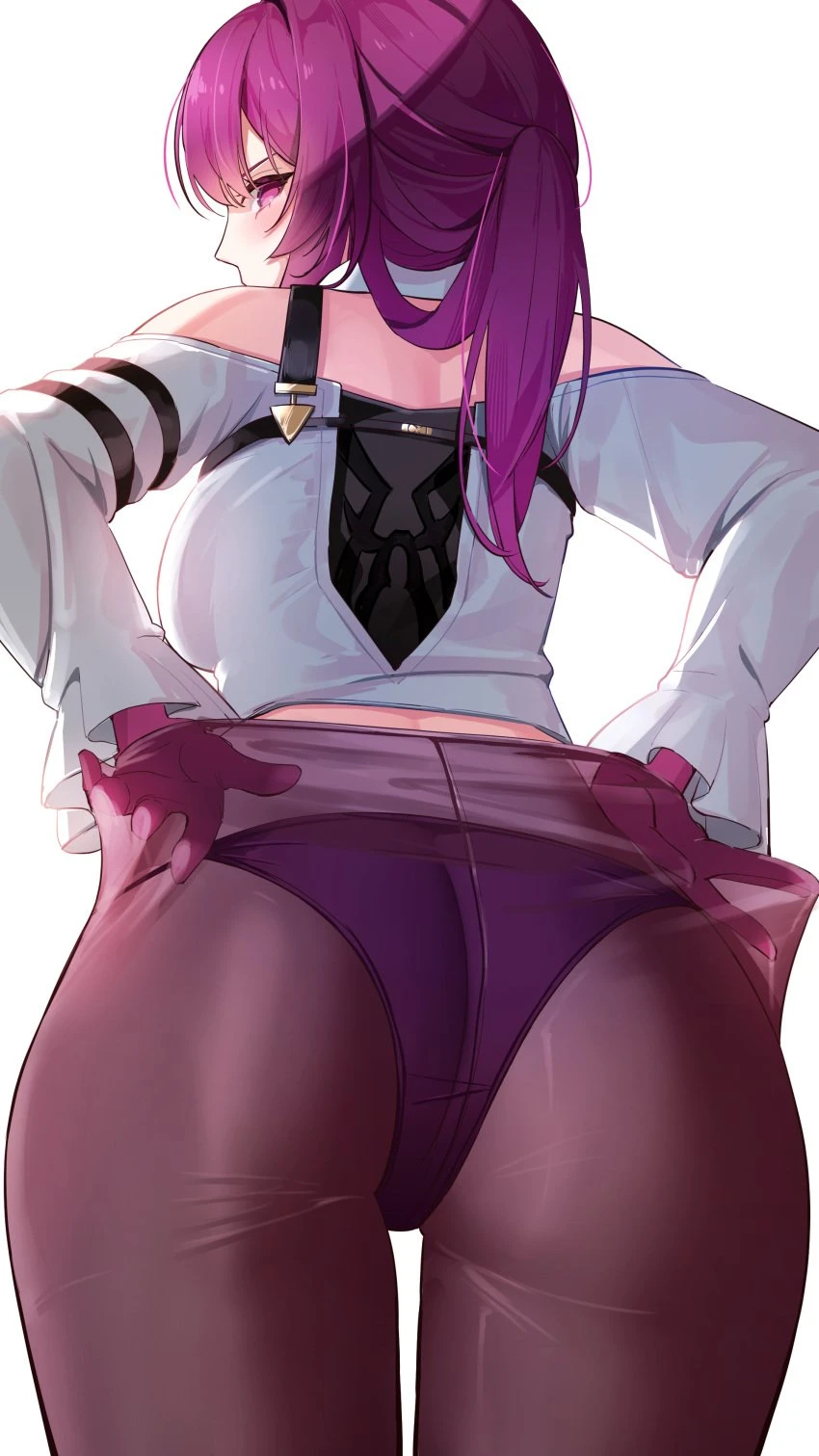 marumai, honkai (series), honkai: star rail, kafka (honkai: star rail), ass, ass focus, female, gloves, long hair, long sleeves, panties, pantyhose, purple eyes, purple gloves, purple hair, purple pantyhose, shirt, solo, underwear, white shirt, absurdres, highres, white background