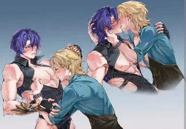 honkai: star rail, aventurine (honkai: star rail), dr. ratio (honkai: star rail), 2boys, blonde hair, blue hair, blush, blush lines, blushing, clothing, cum, cum through clothes, erection, gay, gay sex, hair, hair pull, holding hair, kiss, kissing, male focus, male only, male/male, muscles, muscular male, nipple play, nipple suck, nipples, pinching nipples, tremble spikes, wink, yaoi