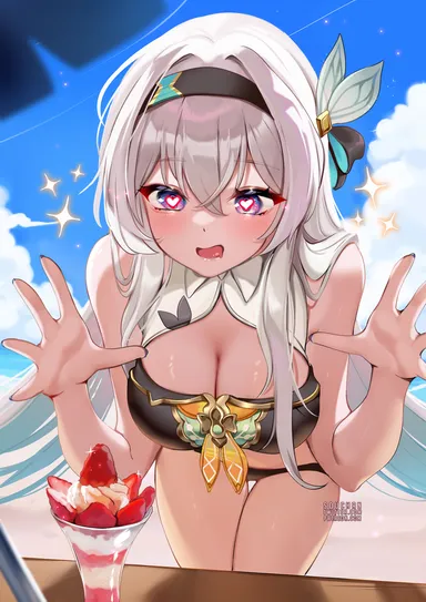 squchan, honkai: star rail, firefly (honkai: star rail), + +, bangs, bare shoulders, beach, bikini, black bikini, blue sky, blush, breasts, cleavage, cleavage cutout, day, eyebrows visible through hair, female, food, hair between eyes, hair ornament, hairband, heart, heart-shaped pupils, holding spoon, ice cream, large breasts, long hair, looking at viewer, open mouth, outdoors, shaved ice, silver hair, sky, smile, solo, sparkle, sparkling eyes, spoon, swimsuit, symbol-shaped pupils, very long hair