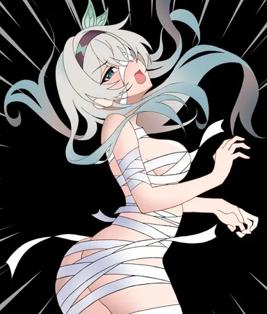 artist request, halloween, honkai (series), honkai: star rail, hoyoverse, firefly (honkai: star rail), 1girls, ass, breasts, embarrassed, female, long hair, mostly nude, mummy, mummy costume, sideboob, solo