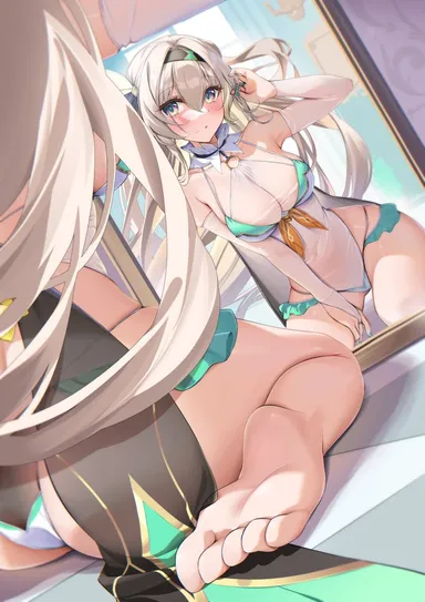 honkai: star rail, firefly (honkai: star rail), back view, blush, chestnut mouth, feet, large ass, large breasts, leotard, mirror selfie, one arm up, posing, pov, soles, thick thighs, toes, wide hips