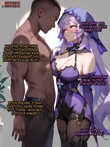 honkai: star rail, black swan (honkai: star rail), 1boy, big breasts, cameltoe, cleavage, dark-skinned male, female, interracial, leggings, long hair, pantyhose, pussy, thighs, ai assisted, ai generated, caption