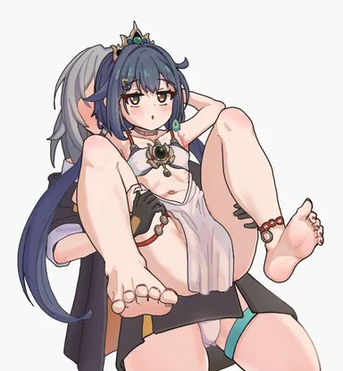 june (z50215z), honkai (series), honkai: star rail, stelle (honkai: star rail), trailblazer (honkai: star rail), yunli (honkai: star rail), 2girls, anus, armpits, barefoot, black gloves, black jacket, blue hair, blush, breasts, brown eyes, carrying, carrying person, chinese clothes, earrings, eyebrows hidden by hair, full body, gloves, grey hair, jacket, jewelry, multiple girls, nail polish, navel, panties, pelvic curtain, small breasts, soles, solo, thigh strap, toenail polish, toenails, toes, underwear, white background, white panties, yuri, highres, simple background