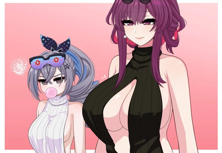 the only shoe, honkai (series), honkai: star rail, kafka (honkai: star rail), silver wolf (honkai: star rail), 2girls, alternate breast size, angry, breast envy, breasts, female, female only, huge breasts, large breasts, light skin, light-skinned female, long hair, multiple girls, purple hair, silver hair, sweater