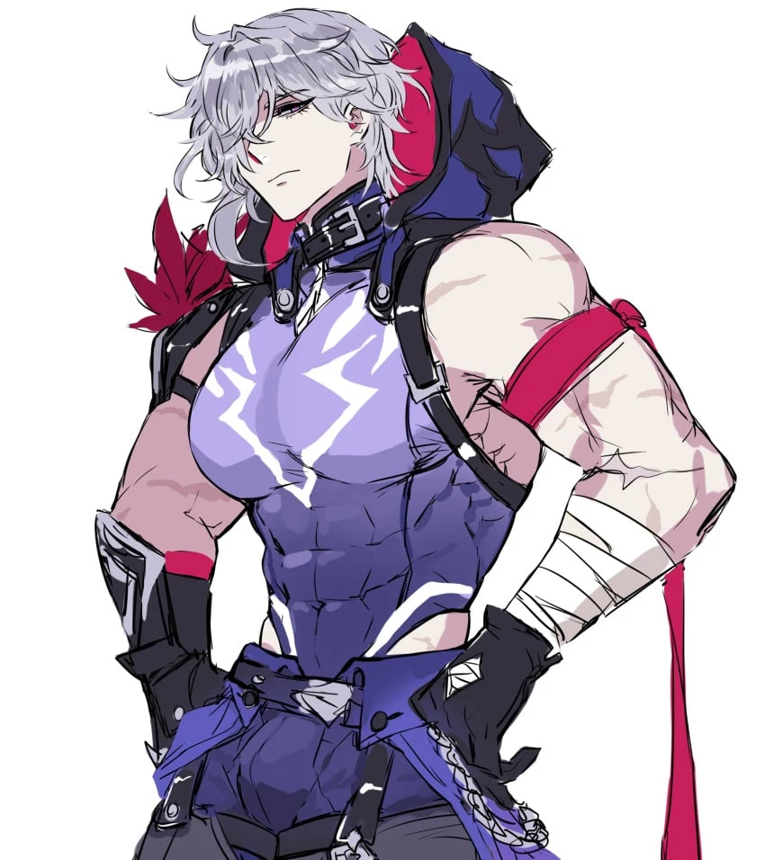 yougei, honkai (series), honkai: star rail, moze (honkai: star rail), 1boy, abs, bandage, big pecs, bulge, bulge through clothing, hoodie, male focus, male only, muscles, muscular male, pecs, scar, solo focus