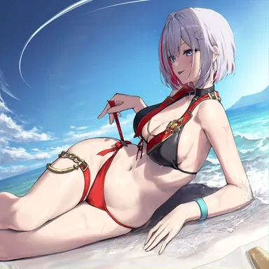 honkai: star rail, topaz (honkai: star rail), :p, beach, bikini, facing away, medium breasts, pulled by self, reclining, ribs, swimsuit