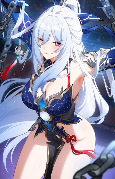 wu ganlan cai, honkai (series), honkai: star rail, jingliu (honkai: star rail), armpits, arms up, bare shoulders, black skirt, blue dress, blush, breasts, chains, cleavage, detached collar, detached sleeves, dress, eyes visible through hair, female, gold trim, hair ornament, hair ribbon, large breasts, long hair, looking at viewer, one eye closed, pelvic curtain, ponytail, red eyes, ribbon, skirt, solo, tassel, thighs, torn clothes, white hair, absurdres, highres