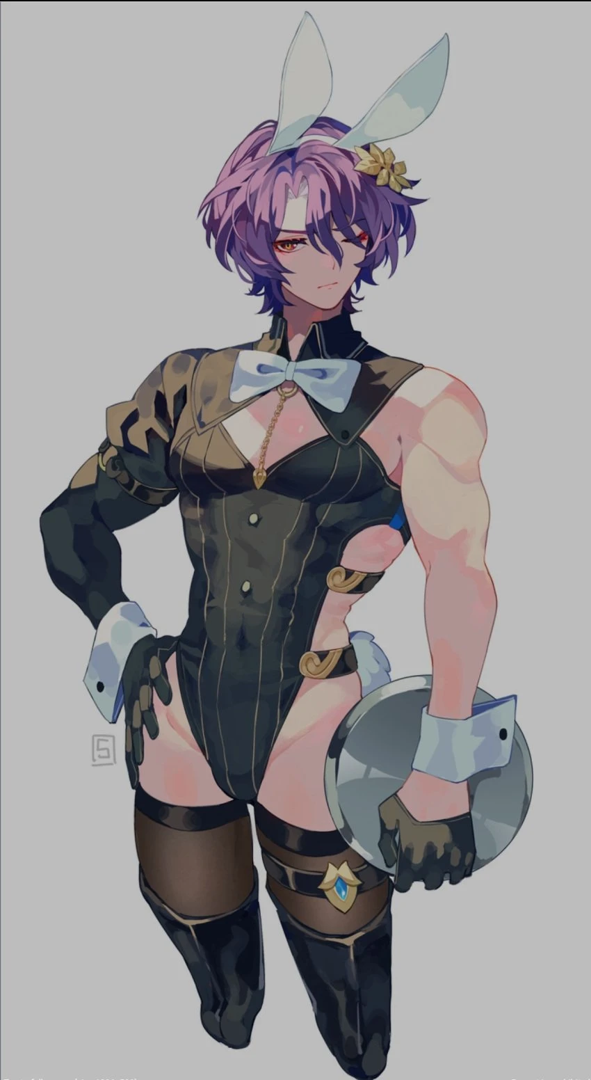 honkai (series), honkai: star rail, dr. ratio (honkai: star rail), 1boy, bunny boy, bunny ears, bunnysuit, embarrassed, gloves, large breasts, large chest, looking at viewer, muscular male, purple hair, red eyeshadow, thick thighs, thigh highs, thigh strap