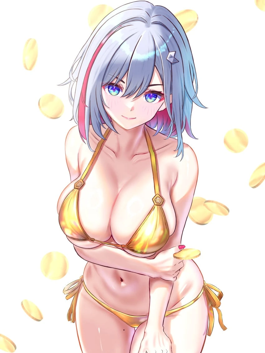 zea (zeamilky), honkai (series), honkai: star rail, topaz (honkai: star rail), 1girls, arm grab, arm under breast, arm under breasts, bare arms, bare belly, bare chest, bare midriff, bare shoulders, bare skin, bare thighs, belly, belly button, bikini, bikini bottom, bikini only, bikini top, blue eyes, blue eyes female, blush, blush lines, breasts, cleavage, coins, collarbone, dot nose, elbows, female, female focus, female only, fingernails, fingers, golden bikini, golden bikini bottom, golden bikini top, golden string bikini, golden swimsuit, golden swimwear, groin, hair between eyes, hair ornament, hand on arm, hand on own arm, hand on own thigh, hand on thigh, hourglass figure, large breasts, legs, light skin, light-skinned female, lips, looking at viewer, multicolored hair, naked, naked female, navel, nude, nude female, pussy, red fingernails, red hair, red hair female, red nail polish, red nails, short hair, shoulders, side-tie bikini, side-tie bikini bottom, side-tie swimsuit, side-tie swimwear, silver hair, silver hair female, simple background, slender body, slender waist, slim girl, slim waist, smile, smiling, smiling at viewer, solo, standing, string bikini, swimsuit, swimwear, thick thighs, thighs, thin waist, upper body, white background, wide hips, absurd res, absurdres, high resolution, highres