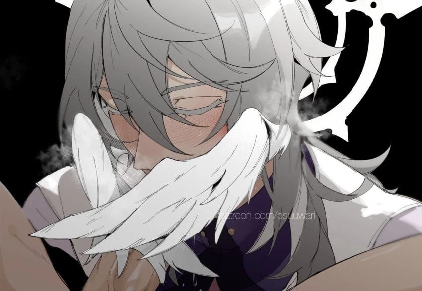 osuuwari, honkai (series), honkai: star rail, sunday (honkai: star rail), 2boys, angel, angel wings, big penis, blowjob, blushing, closed eyes, fellatio, fellatio gesture, male only, male/male, yaoi, color