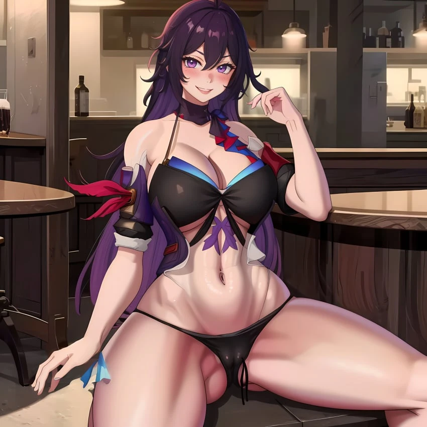 bluecatrip, honkai (series), honkai: star rail, hoyoverse, mihoyo, seele (honkai: star rail), bar, bar background, beauty mark, belly button, big breasts, black thong, blush, bottle, covered navel, fit, fit female, holding hair, light, long hair, looking at viewer, mole, navel, pub, purple eyes, purple hair, sitting, sitting on chair, smile, spread legs, table, thick thighs, thong, untied, untied hair, ai generated, aka6 (style), stable diffusion