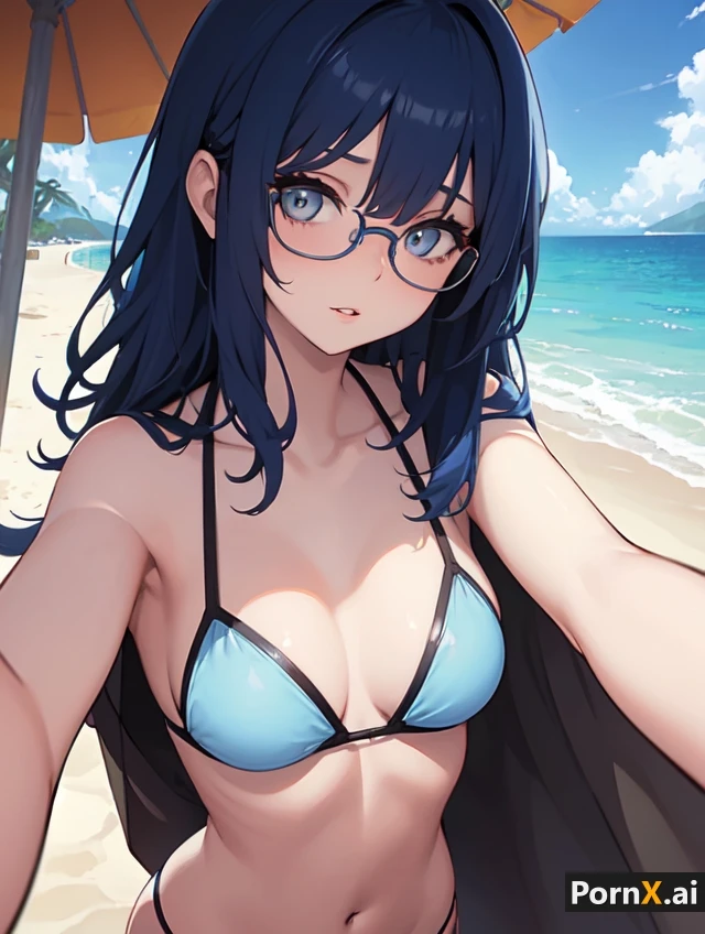 pornx.ai, honkai (series), honkai: star rail, pela (honkai: star rail), 1girls, armpits, beach, bikini, blue eyes, blue hair, blush, cleavage, cloud, collarbone, glasses, light skin, light-skinned female, looking at viewer, navel, ocean, open mouth, ribs, selfie, skindentation, sky, small breasts, swimsuit, swimwear, tree, trees, water, ai generated