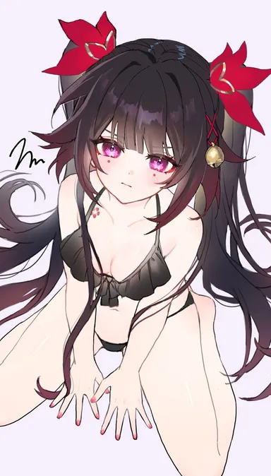 honkai (series), honkai: star rail, sparkle (honkai: star rail), bare arms, bare shoulders, bell, bikini, black bikini, black hair, blunt bangs, blush, breasts, butterfly-shaped pupils, cleavage, closed mouth, dot nose, female, flower tattoo, from above, frustrated, frustration, hair bell, hair intakes, hair ornament, hands on ground, long hair, looking at viewer, looking up, medium breasts, mole, mole under each eye, mole under eye, multiple moles, nail polish, navel, painted nails, pink eyes, pink nails, seiza, sidelocks, simple background, sitting, solo, squiggle, stomach, swimsuit, symbol-shaped pupils, tattoo, twintails, v-shaped eyebrows, very long hair, wariza, white background, absurdres, highres