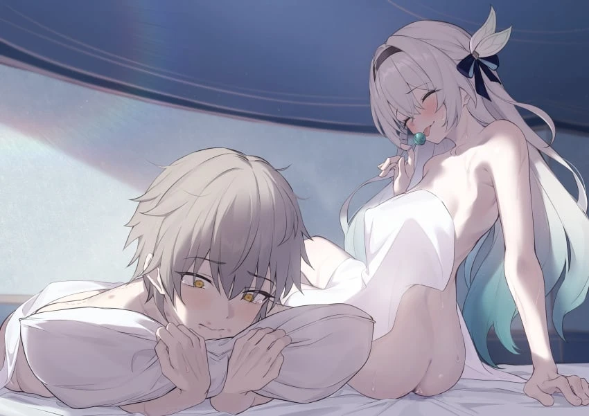 honkai: star rail, caelus (honkai: star rail), :p, 1girl1boy, arm support, ass, blush, closed eyes, completely nude, firefly, hugging pillow, licking, licking lollipop, lollipop, naked, nervous, on bed, petite, sitting on bed, smile, twisted torso, wavy mouth, worried