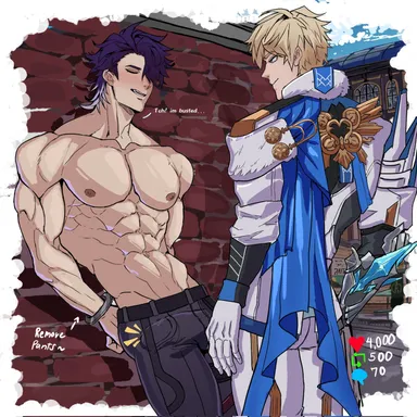 genzonillablack, honkai: star rail, gepard (honkai: star rail), sampo (honkai star rail), 2boys, abs, alley, boner, bulge, bulge through clothing, gay, handcuffs, male only, muscular, muscular male, pecs, restrained, shirtless, stripping, yaoi, strip game