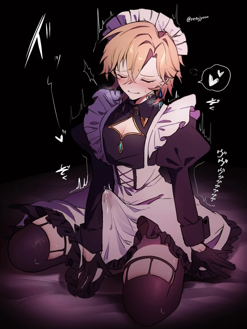 honkai (series), honkai: star rail, aventurine (honkai: star rail), 1boy, bed sheet, blonde hair, blush, bulge, cleavage cutout, clothing cutout, crossdressing, dark, ejaculation under clothes, erection, erection under clothes, gloves, implied vibrator, maid, male maid, neck tattoo, otoko no ko, pectoral cleavage, pectorals, retujyooo, short hair, sitting, skindentation, solo, tattoo, thighhighs, absurdres, highres