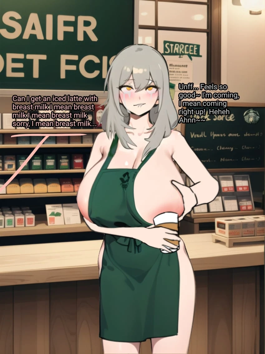 artist request, starbucks, stelle (honkai: star rail), apron, apron only, biting lip, biting own lip, breast expansion, breast squeeze, golden eyes, grey hair, huge breasts, lactation, naked apron, sideboob, tears, ai generated background, iced latte with breast milk