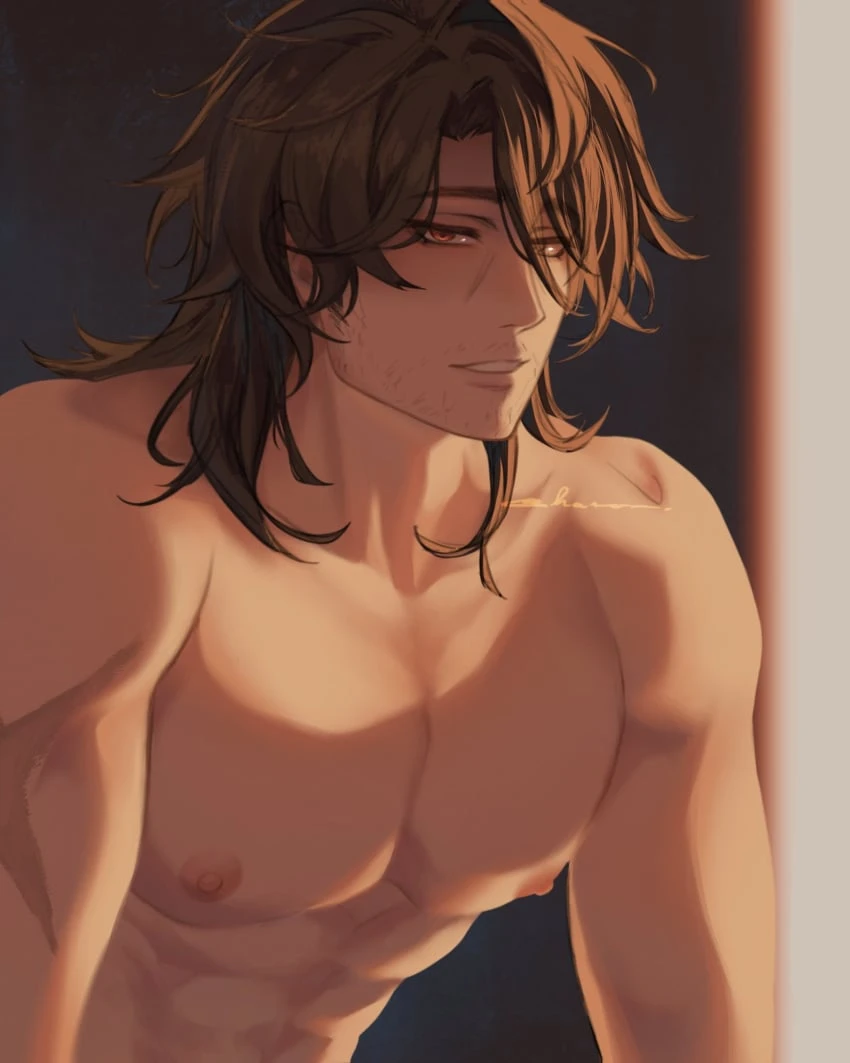  chamomilde, honkai (series), honkai: star rail, gallagher (honkai: star rail), 1boy, abs, arm scar, biceps, brown hair, facial hair, gay, lighting, looking at viewer, male, male focus, male only, muscles, muscular, muscular male, nipples, older male, pecs, pectorals, red eyes, scar, scars, shirtless, shirtless male, simple background, smile, smiling, smiling at viewer, smirk, smirking, smooth skin, tan skin, wrinkles, yaoi, hi res, high resolution, highres