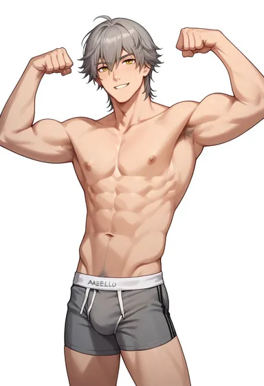 dvxxxgrai, honkai: star rail, caelus (honkai: star rail), 1boy, abs, flexing, grey hair, male focus, male only, male underwear, navel, nipples, nude, smile, solo, standing, topless, topless male, underwear, underwear only, ai generated, civitai, pony diffusion xl, tagme, white background