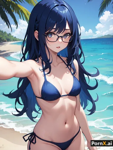 pornx.ai, honkai (series), honkai: star rail, pela (honkai: star rail), 1girls, armpits, beach, bikini, blue eyes, blue hair, cloud, collarbone, glasses, light skin, light-skinned female, long hair, looking at viewer, navel, ocean, open mouth, palm tree, ribs, selfie, skindentation, sky, small breasts, swimsuit, swimwear, tree, water, ai generated