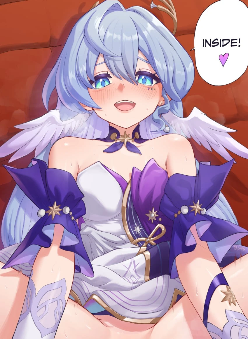 luizhtx, honkai (series), honkai: star rail, robin (honkai: star rail), :d, aqua eyes, blue hair, blush, choker, detached sleeves, dress, female, hair intakes, head wings, implied sex, long hair, looking at viewer, open mouth, purple choker, short sleeves, smile, strapless, strapless dress, upper body, very long hair, white dress, wings, absurdres, commentary, highres