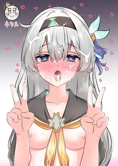 honkai (series), honkai: star rail, firefly (honkai: star rail), :o, after ejaculation, black cape, black hairband, blue bow, blue eyes, blue ribbon, blush, bow, breasts, cape, collarbone, cum, dot nose, double v, facial, female, gradient background, grey background, grey hair, hair between eyes, hair intakes, hair ribbon, hairband, hairbow, half-closed eyes, heart, heart-shaped pupils, hypnosis, long hair, looking at viewer, mcr roggle, mind control, neckerchief, no shirt, open mouth, orange neckerchief, pink eyes, pink pupils, ribbon, sidelocks, small breasts, smile, solo, straight-on, sweat, symbol-shaped pupils, tongue, tongue out, two-tone eyes, upper body, v, absurdres, highres, simple background