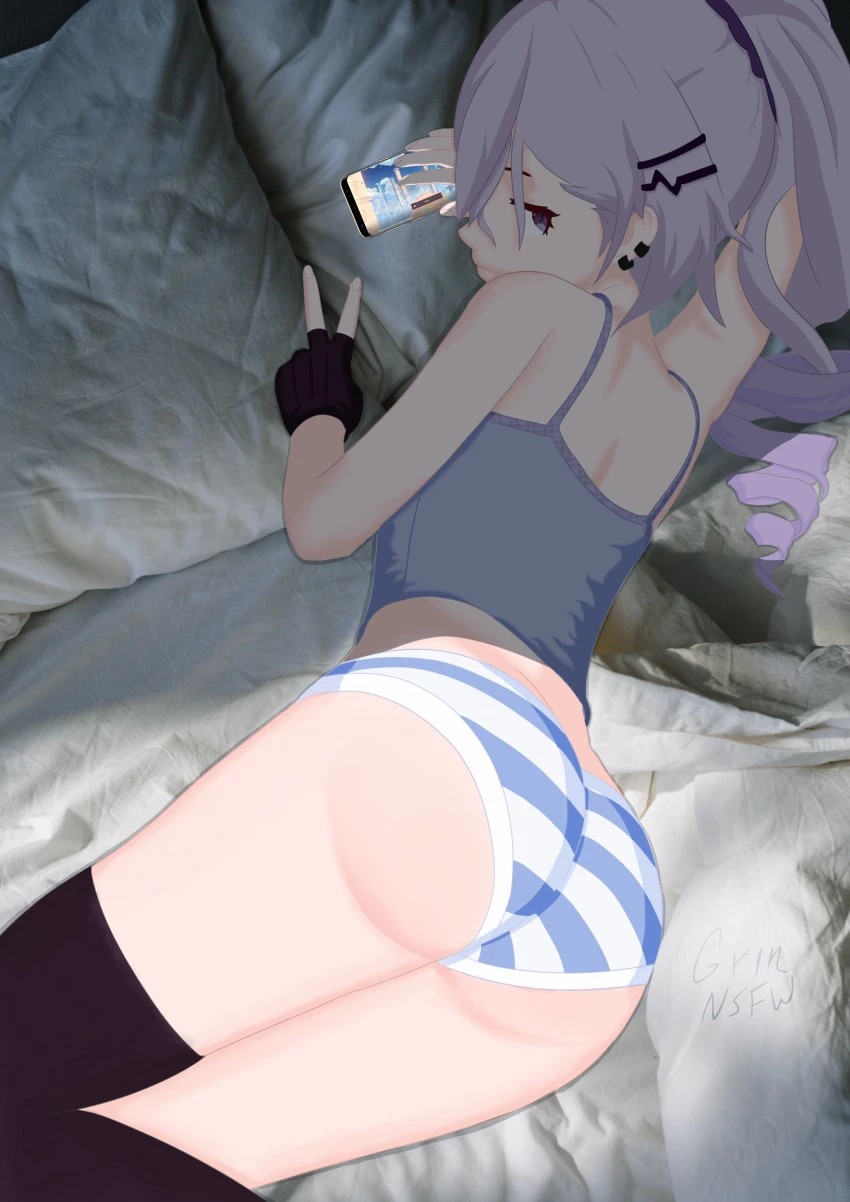 grinnsfw, honkai (series), honkai: star rail, silver wolf (honkai: star rail), ass, awake, awakening, bed, big ass, big butt, black socks, bubble butt, gray hair, panchira, panties, pantsu, phone, playing videogame, realistic textures, shimapan, silver hair, small breasts, socks, striped panties, thigh socks, thighhighs, tight clothing, white hair, 2d