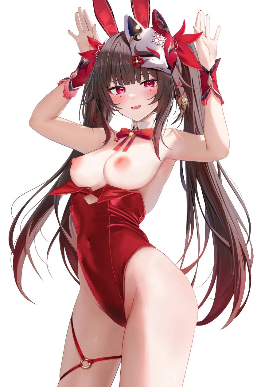 ru zhai, honkai (series), honkai: star rail, hoyoverse, mihoyo, sparkle (honkai: star rail), 1girls, armpits, bare shoulders, bare thighs, black hair, blush, breasts, breasts out, brown hair, bunny girl, bunnysuit, hips, horny female, medium breasts, nipples, red eyes, seducing, seducing viewer, seductive, showing off, slim body, slim female, slim figure, slim girl, slim waist, smiling at viewer