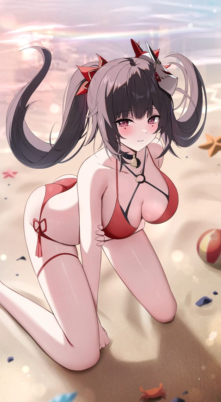 yeni1871, honkai (series), honkai: star rail, sparkle (honkai: star rail), 1girls, alternate costume, arm under breasts, beach, bikini, blush, bra, brown hair, day, female, female focus, female only, fox mask, hourglass figure, light skin, light-skinned female, long hair, looking at viewer, mask, mask on head, medium breasts, ocean, on knees, outdoors, pigtails, red bikini, red bikini bottom, red bikini top, red eyes, sand, smiling, smiling at viewer, solo, solo female, solo focus, summer, swimwear, thong, thong bikini, two piece swimsuit, water, young, younger female, 2024, 2d, 2d (artwork)