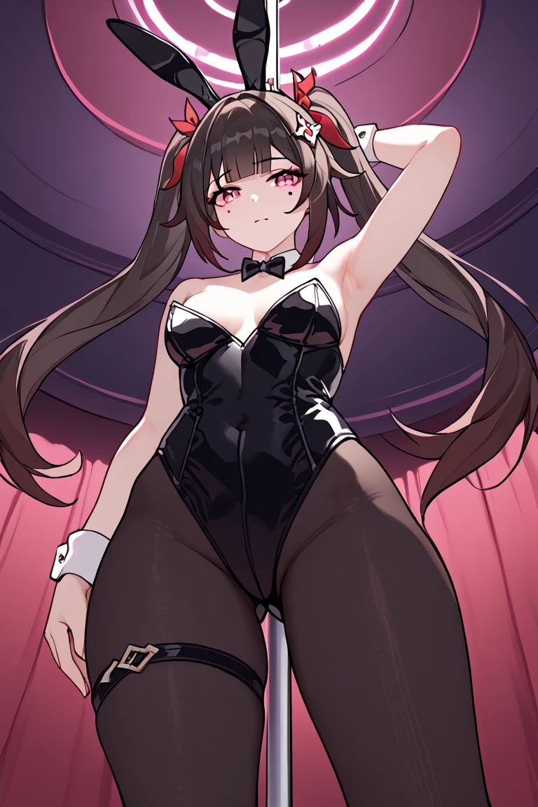 afalyca, honkai (series), honkai: star rail, hoyoverse, sparkle (honkai: star rail), 1girls, black leotard, bow, bowtie, braids, brown hair, bunny costume, bunny ears, bunny girl, bunnysuit, female, from below, from below view, indoors, leotard, long hair, looking at viewer, looking down, low angle, low angle view, pink eyes, playboy bunny, playboy bunny leotard, solo, standing, stockings, thick thighs, tights, ai generated, low-angle view, tensor art