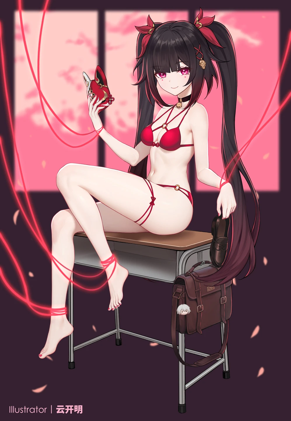 yunkaiming, honkai (series), honkai: star rail, sparkle (honkai: star rail), 1girls, ankles, bag, bare arms, bare belly, bare calves, bare chest, bare hands, bare hips, bare knees, bare legs, bare midriff, bare navel, bare shoulders, bare skin, bare soles, bare thighs, bare toes, bare torso, barefoot, belly, belly button, bikini, bikini bottom, bikini only, bikini top, black choker, black collar, breasts, brown eyebrows, brown hair, brown hair female, calves, choker, cleavage, closed mouth smile, collar, collarbone, dot nose, elbows, exposed arms, exposed belly, exposed chest, exposed hands, exposed hips, exposed legs, exposed midriff, exposed navel, exposed shoulders, exposed skin, exposed thighs, exposed toes, exposed torso, fair skin, feet, female, female focus, female naked, female only, fingernails, fingers, full body, hair ornament, hair ornaments, hair ribbon, hair tie, half naked, half nude, indoor, indoor nudity, indoors, knee up, knees, lean body, lean figure, leg up, legs, light skin, light skin female, light skinned, light skinned female, light-skined female, light-skinned, light-skinned female, lips, long hair, looking at viewer, nail polish, nails, naked, naked female, naked woman, narrow waist, navel, nude, nude female, nudity, pale, pale skin, pale skinned female, pale-skinned female, partially naked, petite, petite body, petite breasts, petite female, petite girl, petite tits, pink eyes, pink eyes female, red bikini, red bikini bottom, red bikini top, red fingernails, red hair ribbon, red hair tie, red nail polish, red nails, red ribbon, red string bikini, red swimsuit, red swimwear, red toenail polish, red toenails, ribbon, semi nude, shoulders, sitting, sitting on ass, sitting on desk, slender body, slender waist, slim girl, slim waist, small breasts, smile, smiley face, smiling, smiling at viewer, smirk, smooth skin, solo, string bikini, swimsuit, swimwear, thick thighs, thighs, thin waist, toenail polish, toenails, toes, twintails, twintails (hairstyle), very long hair, white pupils, white skin, white skinned female, white-skinned female, blurred background, blurry background, high resolution, highres