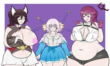 ghagalaz, honkai: star rail, kafka (honkai: star rail), march 7th (honkai: star rail), tingyun (honkai: star rail), 3girls, big belly, big breasts, breasts, brown hair, button pop, buttons, chubby, expansion, gloves, huge breasts, jealous, jealous female, nipples, pink hair, plump, ripped clothing, simple background, size comparison, size difference, wide hips