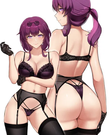 hioyami, honkai (series), honkai: star rail, kafka (honkai: star rail), 1girls, ass, black garter belt, black garter straps, black gloves, black stockings, bra, breasts, bubble butt, cleavage, female, front and back, garter belt, garter straps, gloves, huge breasts, large ass, light skin, light-skinned female, lingerie, lingerie only, looking at viewer, naughty face, navel, panties, purple bra, purple eyes, purple hair, purple thong, slim waist, smile, stockings, sunglasses, sunglasses on head, thighs, thong, alternate version available, hi res