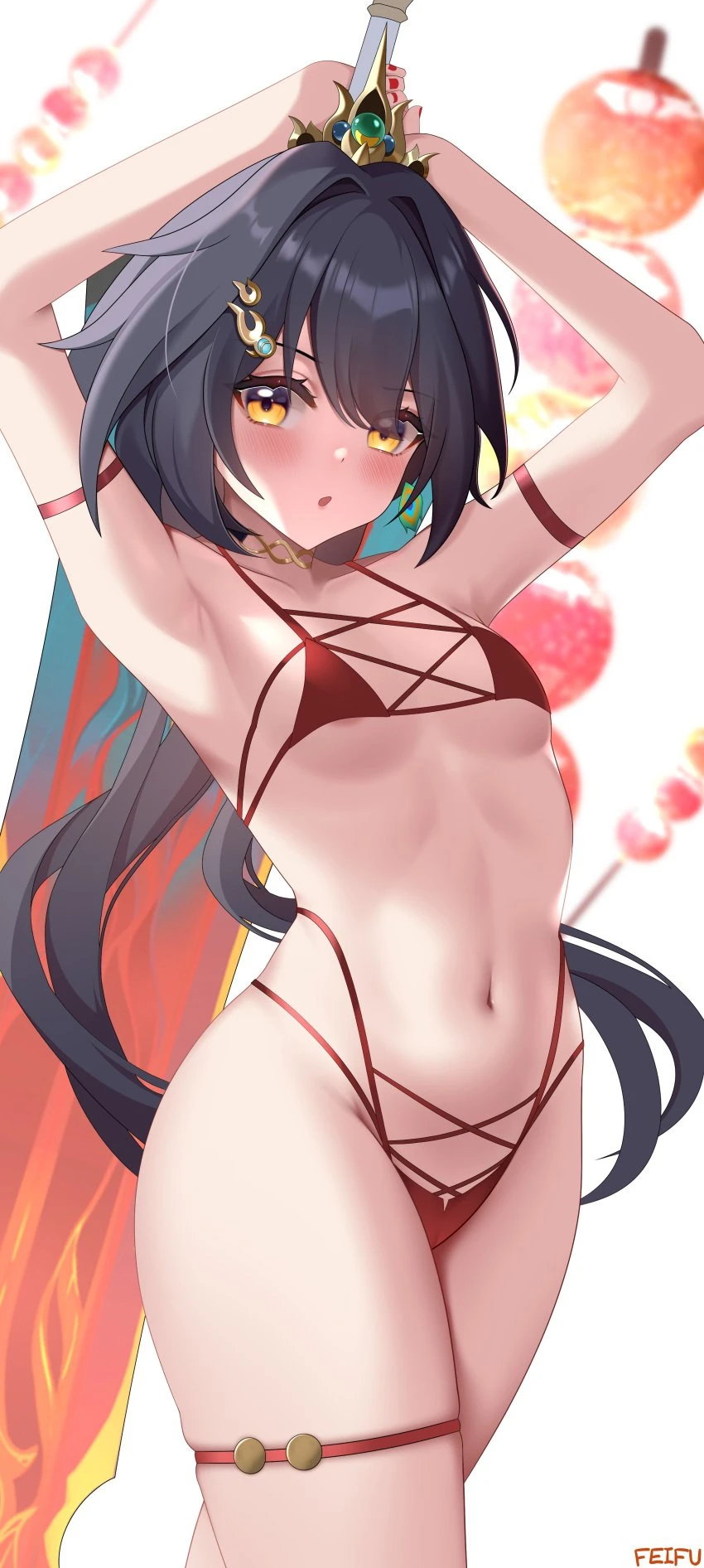 feifu, honkai: star rail, yunli (honkai: star rail), 1girls, armpits, arms up, belly button, bikini, blush, small breasts