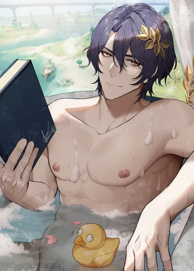 asaifrit, honkai: star rail, dr. ratio (honkai: star rail), 1boy, abs, bath, bathtub, gay, happy trail, holding book, holding object, muscular, muscular male, nude, pubic hair, rubber duck, suds, taking a bath, yaoi