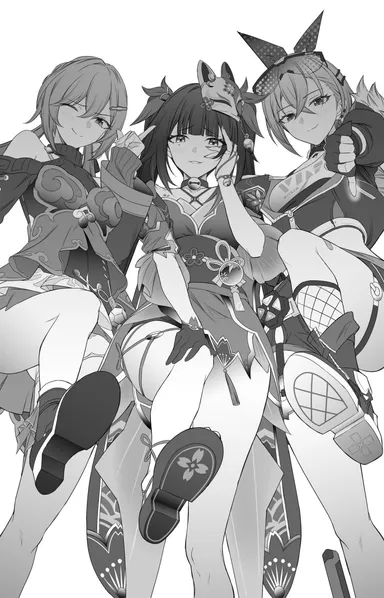 takai isshiki, honkai (series), honkai: star rail, qingque (honkai: star rail), silver wolf (honkai: star rail), sparkle (honkai: star rail), 3girls, bare shoulders, footwear, mask, mask on head, medium breasts, one leg up, shorts, skirt, smile, smug, thick thighs, thumbs down, monochrome